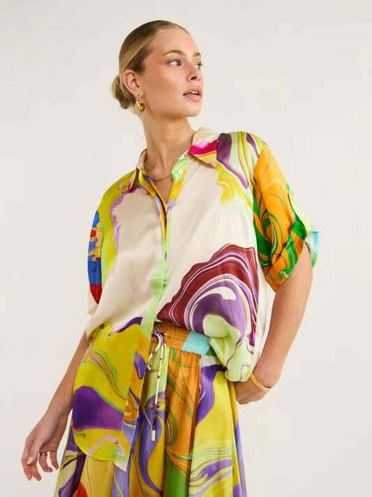 Y2K Grunge Printed Satin Casual Suit - Retro 90s Summer Outfit, Commuter Fashion