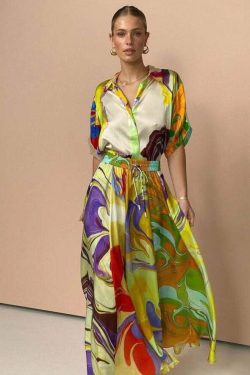Y2K Grunge Printed Satin Casual Suit - Retro 90s Summer Outfit, Commuter Fashion
