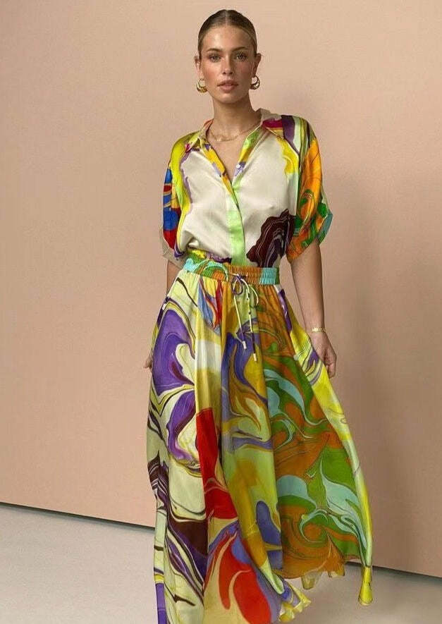 Y2K Grunge Printed Satin Casual Suit - Retro 90s Summer Outfit, Commuter Fashion