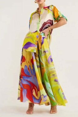 Y2K Grunge Printed Satin Casual Suit - Retro 90s Summer Outfit, Commuter Fashion