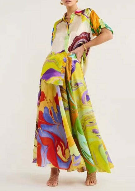 Y2K Grunge Printed Satin Casual Suit - Retro 90s Summer Outfit, Commuter Fashion