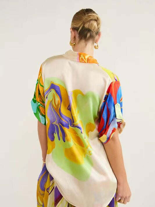 Y2K Grunge Printed Satin Casual Suit - Retro 90s Summer Outfit, Commuter Fashion