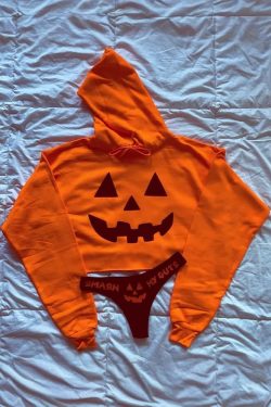 Y2K Grunge Pumpkin Goth Cropped Hoodie & Panty Loungewear Set - Retro 90s Summer Outfit