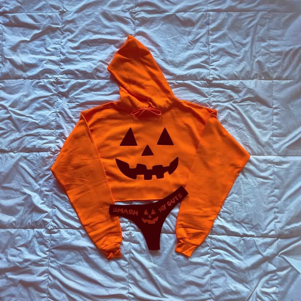 Y2K Grunge Pumpkin Goth Cropped Hoodie & Panty Loungewear Set - Retro 90s Summer Outfit
