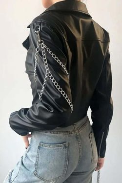 Y2K Grunge Punk Chain Leather Jacket - Retro 90s Fashion, Summer Outfits, and Clubwear