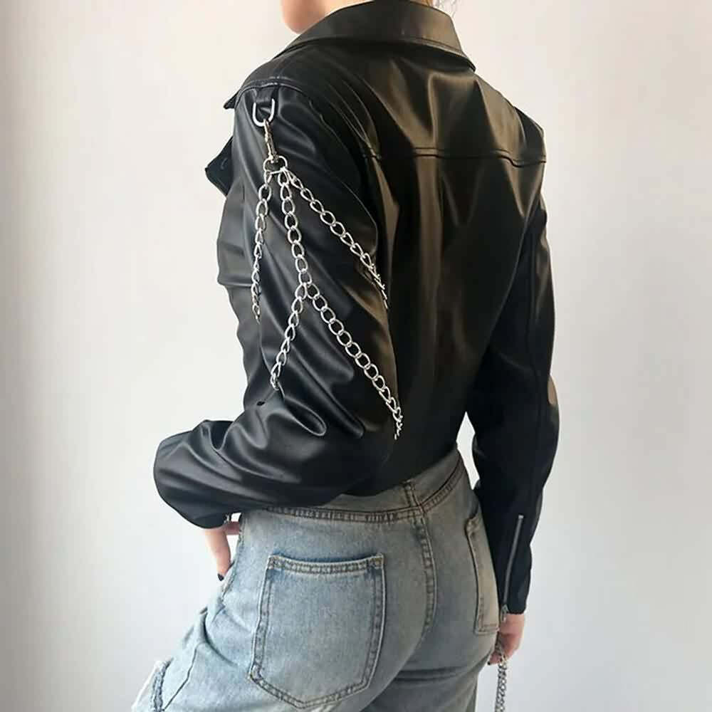 Y2K Grunge Punk Chain Leather Jacket - Retro 90s Fashion, Summer Outfits, and Clubwear