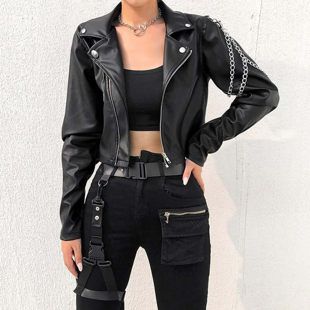 Y2K Grunge Punk Chain Leather Jacket - Retro 90s Fashion, Summer Outfits, and Clubwear