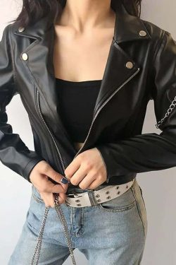 Y2K Grunge Punk Chain Leather Jacket - Retro 90s Fashion, Summer Outfits, and Clubwear
