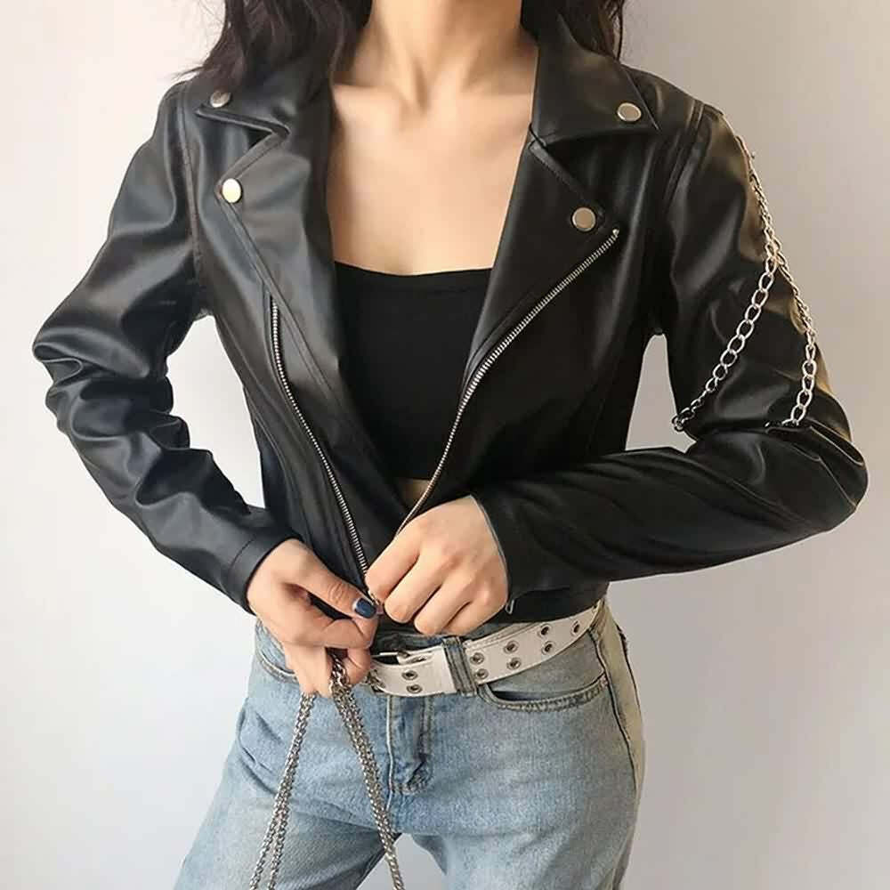 Y2K Grunge Punk Chain Leather Jacket - Retro 90s Fashion, Summer Outfits, and Clubwear