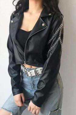 Y2K Grunge Punk Chain Leather Jacket - Retro 90s Fashion, Summer Outfits, and Clubwear