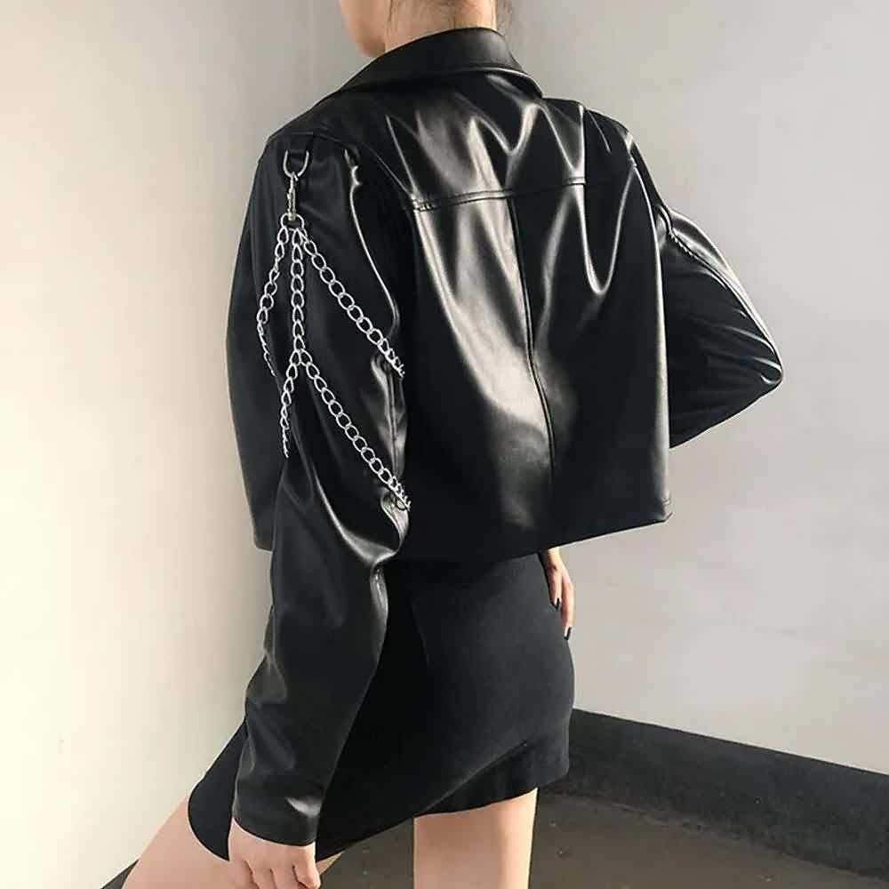 Y2K Grunge Punk Chain Leather Jacket - Retro 90s Fashion, Summer Outfits, and Clubwear