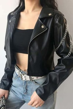 Y2K Grunge Punk Chain Leather Jacket - Retro 90s Fashion, Summer Outfits, and Clubwear