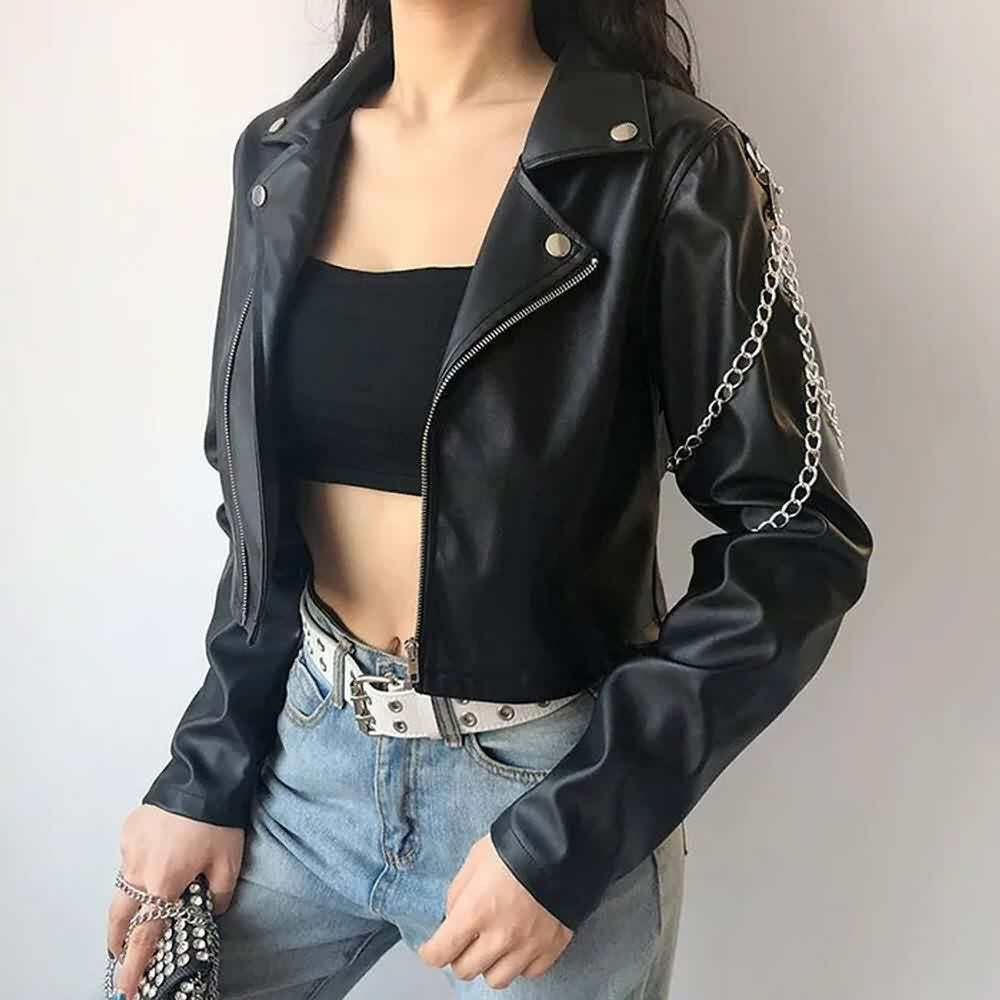 Y2K Grunge Punk Chain Leather Jacket - Retro 90s Fashion, Summer Outfits, and Clubwear