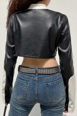 Y2K Grunge Punk Crop Leather Jacket - 90s Retro Summer Outfit, Y2K Party & Club Fashion