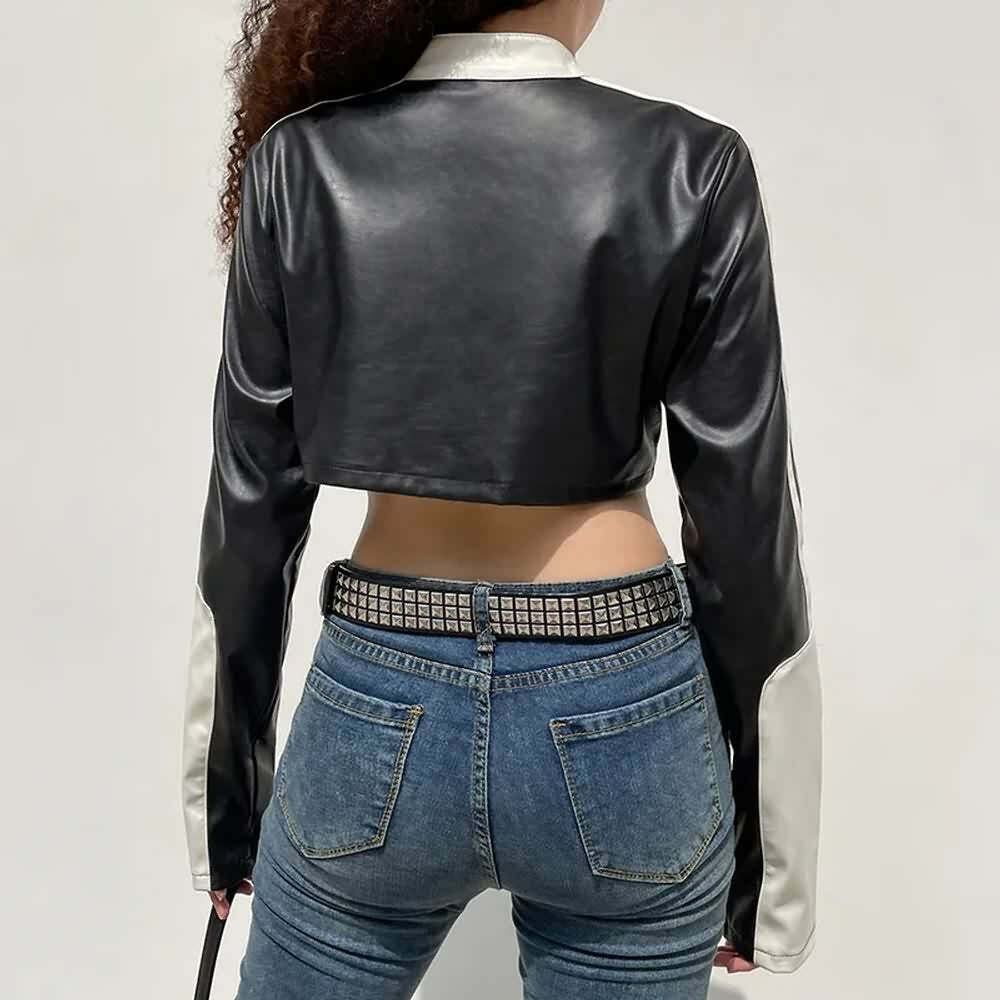 Y2K Grunge Punk Crop Leather Jacket - 90s Retro Summer Outfit, Y2K Party & Club Fashion