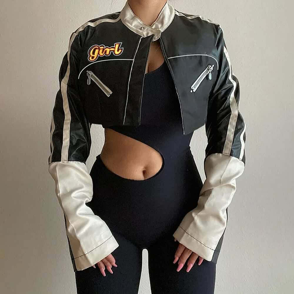 Y2K Grunge Punk Crop Leather Jacket - 90s Retro Summer Outfit, Y2K Party & Club Fashion