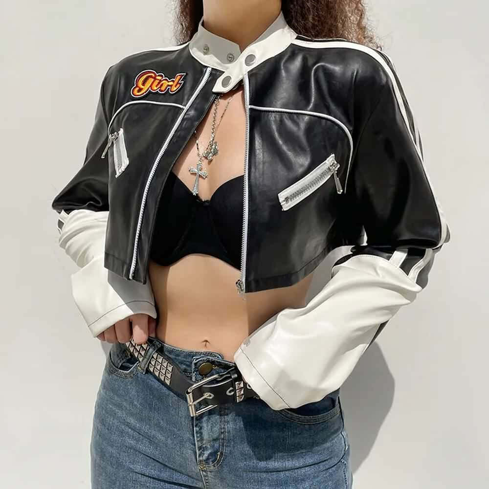 Y2K Grunge Punk Crop Leather Jacket - 90s Retro Summer Outfit, Y2K Party & Club Fashion