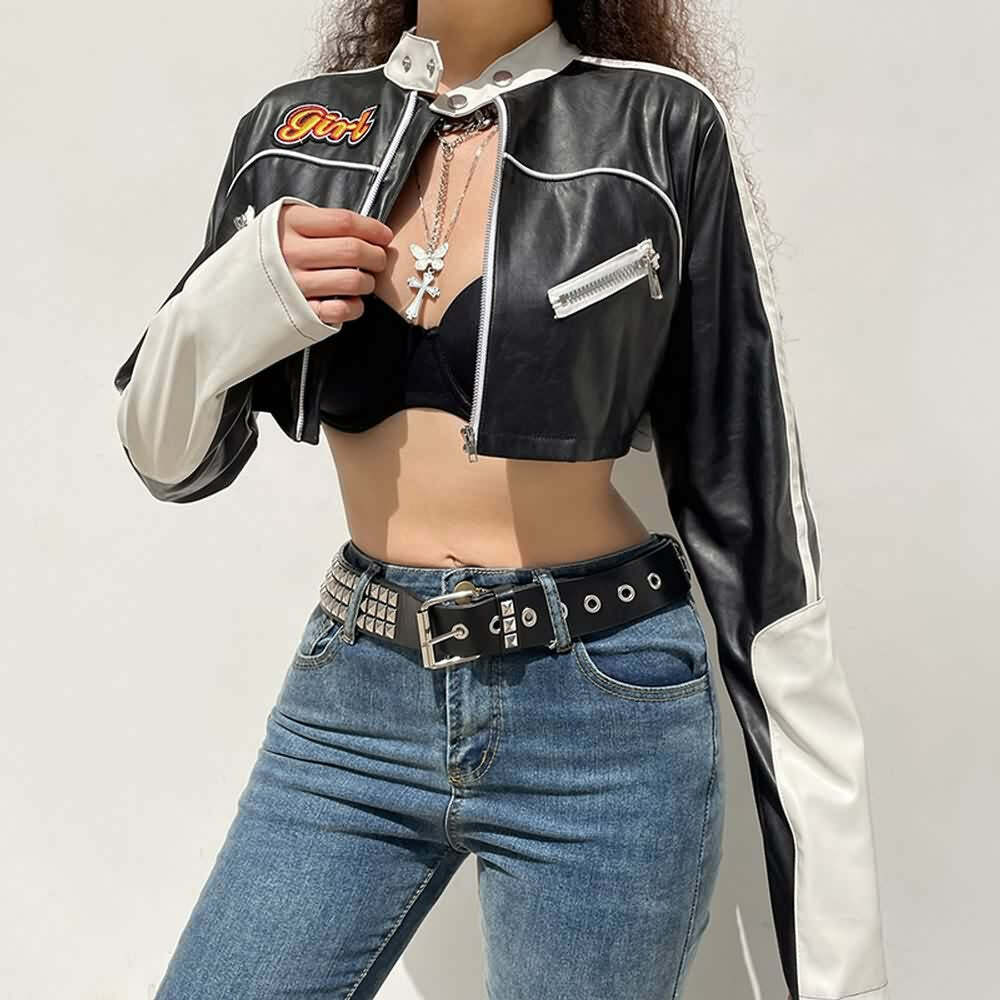 Y2K Grunge Punk Crop Leather Jacket - 90s Retro Summer Outfit, Y2K Party & Club Fashion