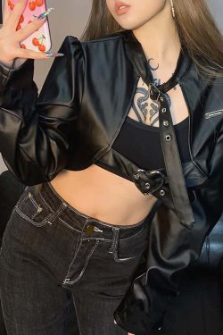 Y2K Grunge Punk Goth Crop Leather Jacket - Retro 90s Fashion, Summer Outfits, Club & Party Wear
