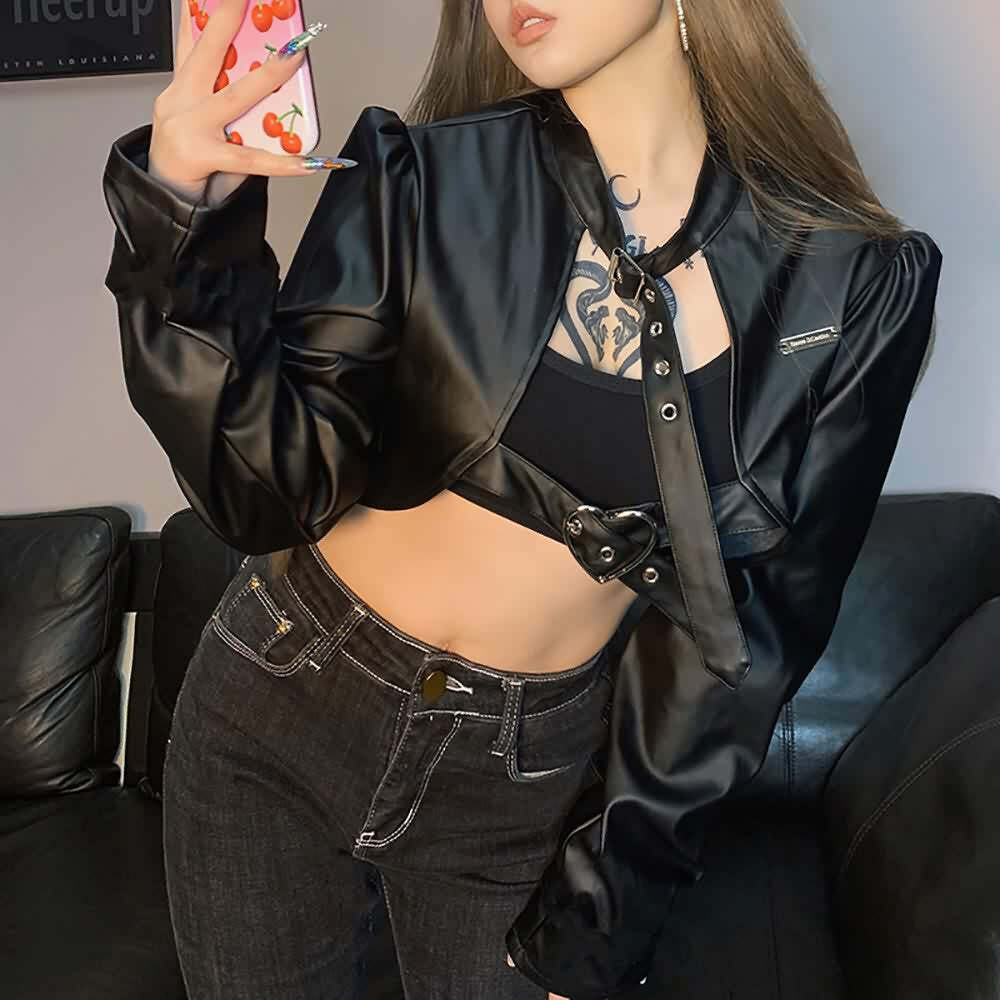 Y2K Grunge Punk Goth Crop Leather Jacket - Retro 90s Fashion, Summer Outfits, Club & Party Wear