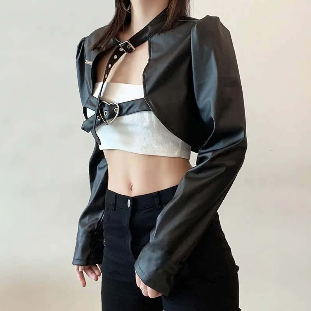 Y2K Grunge Punk Goth Crop Leather Jacket - Retro 90s Fashion, Summer Outfits, Club & Party Wear