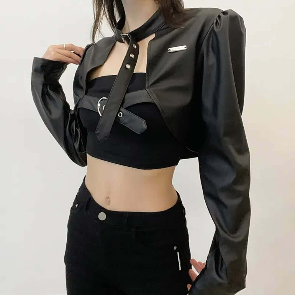 Y2K Grunge Punk Goth Crop Leather Jacket - Retro 90s Fashion, Summer Outfits, Club & Party Wear
