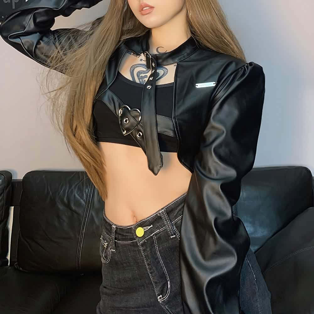 Y2K Grunge Punk Goth Crop Leather Jacket - Retro 90s Fashion, Summer Outfits, Club & Party Wear