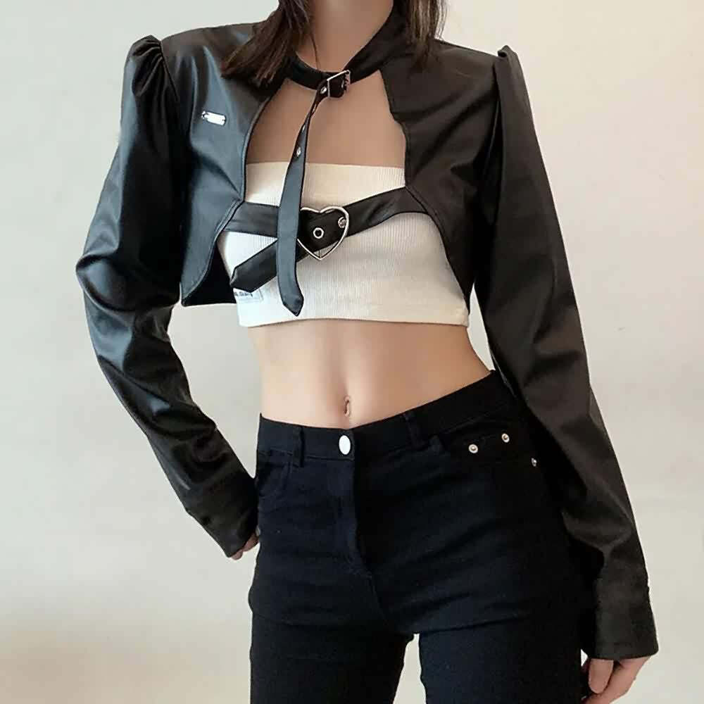 Y2K Grunge Punk Goth Crop Leather Jacket - Retro 90s Fashion, Summer Outfits, Club & Party Wear