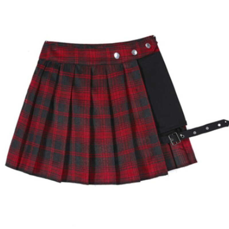 Y2K Grunge Punk Gothic Asymmetric Red Plaid Skirt - Retro 90s Fashion, Summer Y2K Outfit