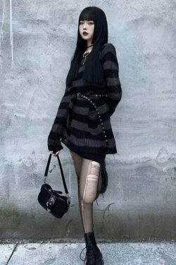 Y2K Grunge Punk Gothic Long Striped Sweater - Dark Gray Retro 90s Fashion Outfit