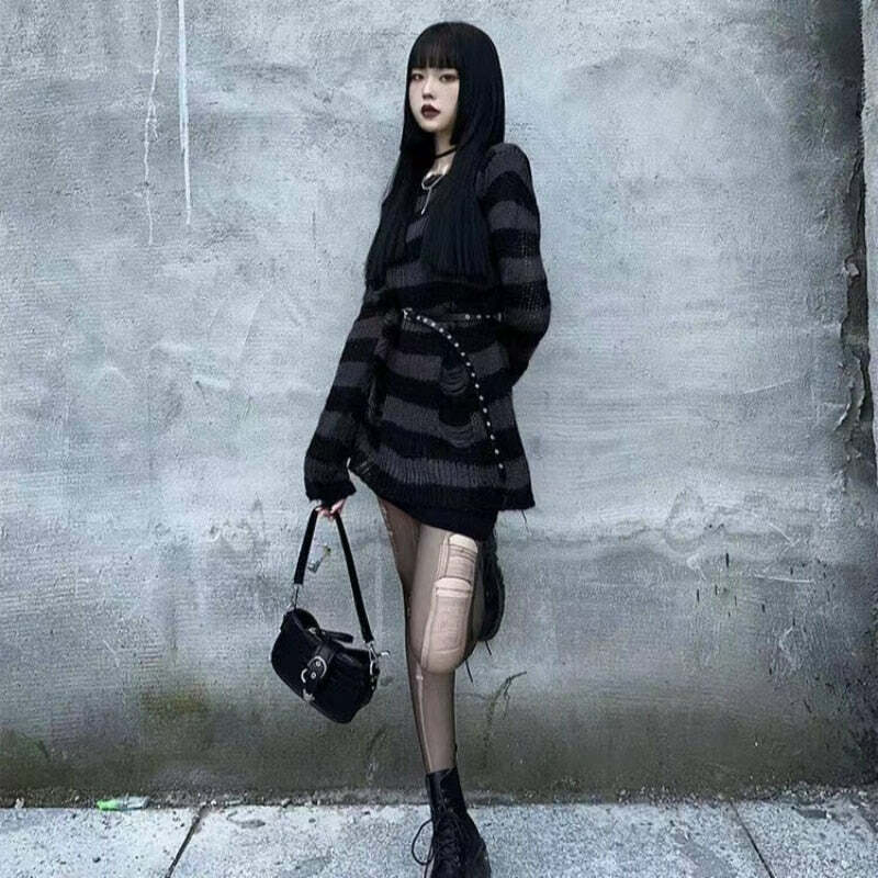 Y2K Grunge Punk Gothic Long Striped Sweater - Dark Gray Retro 90s Fashion Outfit