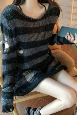 Y2K Grunge Punk Gothic Long Striped Sweater - Dark Gray Retro 90s Fashion Outfit