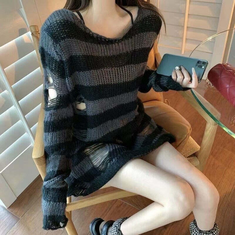 Y2K Grunge Punk Gothic Long Striped Sweater - Dark Gray Retro 90s Fashion Outfit