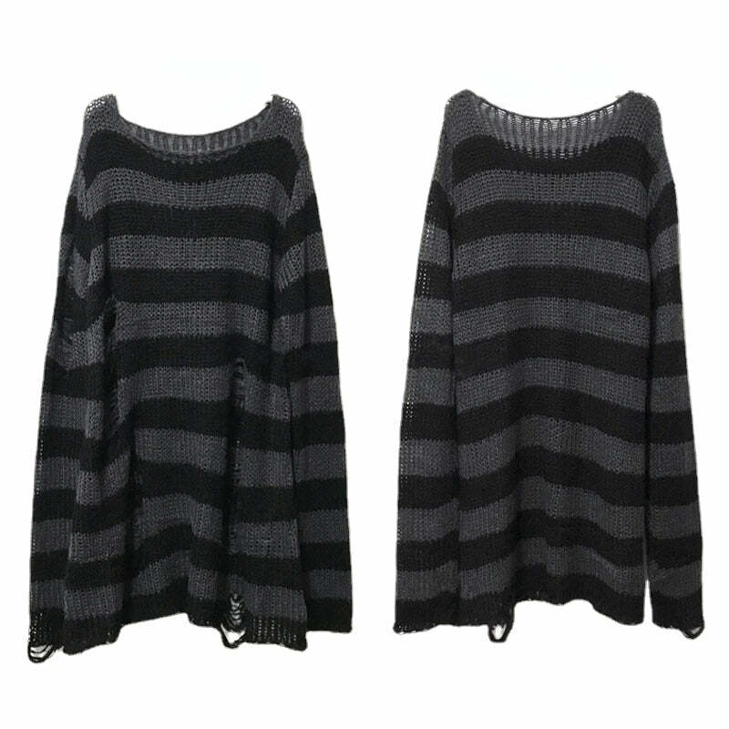 Y2K Grunge Punk Gothic Long Striped Sweater - Dark Gray Retro 90s Fashion Outfit