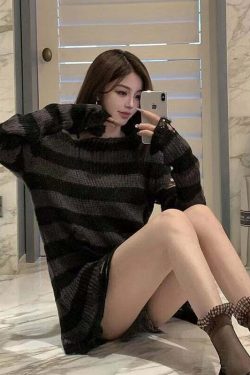 Y2K Grunge Punk Gothic Long Striped Sweater - Dark Gray Retro 90s Fashion Outfit