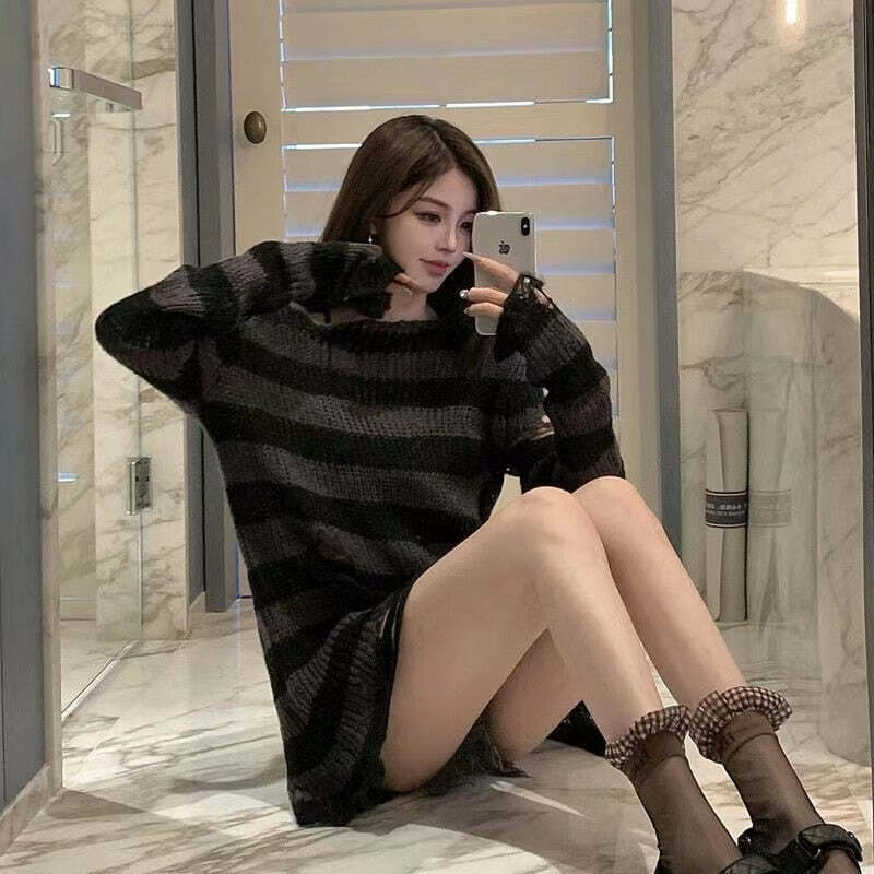 Y2K Grunge Punk Gothic Long Striped Sweater - Dark Gray Retro 90s Fashion Outfit