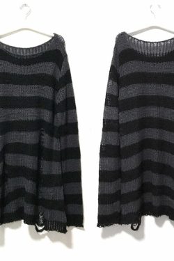 Y2K Grunge Punk Gothic Long Striped Sweater - Dark Gray Retro 90s Fashion Outfit