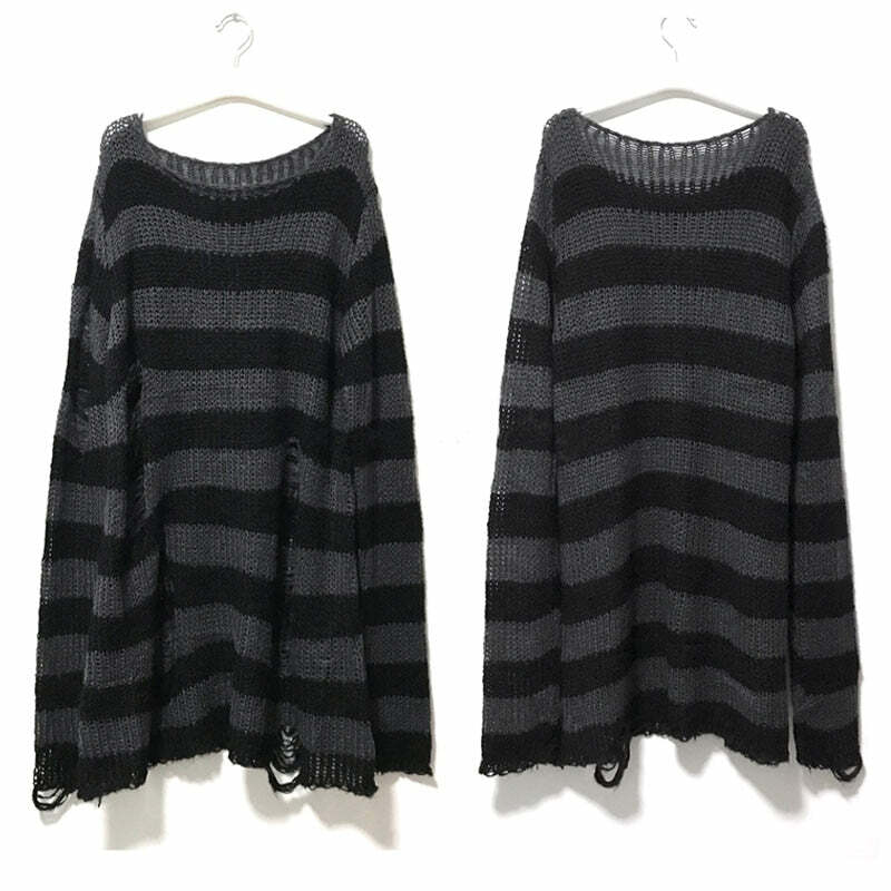 Y2K Grunge Punk Gothic Long Striped Sweater - Dark Gray Retro 90s Fashion Outfit