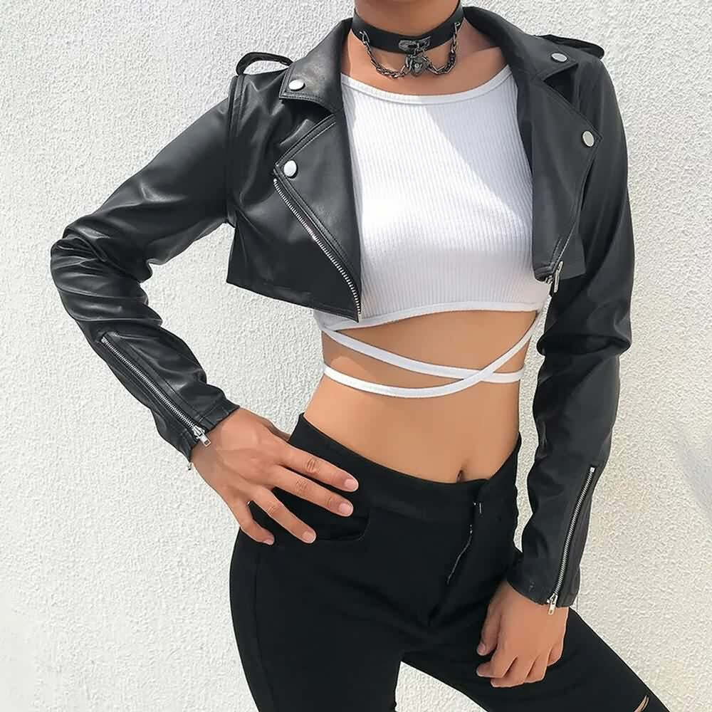 Y2K Grunge Punk Notched Collar Crop Leather Jacket - 90s Retro Summer Outfit for Women