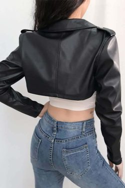 Y2K Grunge Punk Notched Collar Crop Leather Jacket - 90s Retro Summer Outfit for Women