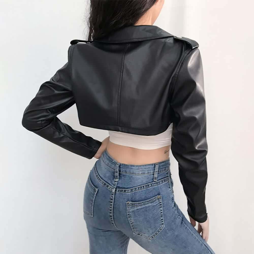 Y2K Grunge Punk Notched Collar Crop Leather Jacket - 90s Retro Summer Outfit for Women