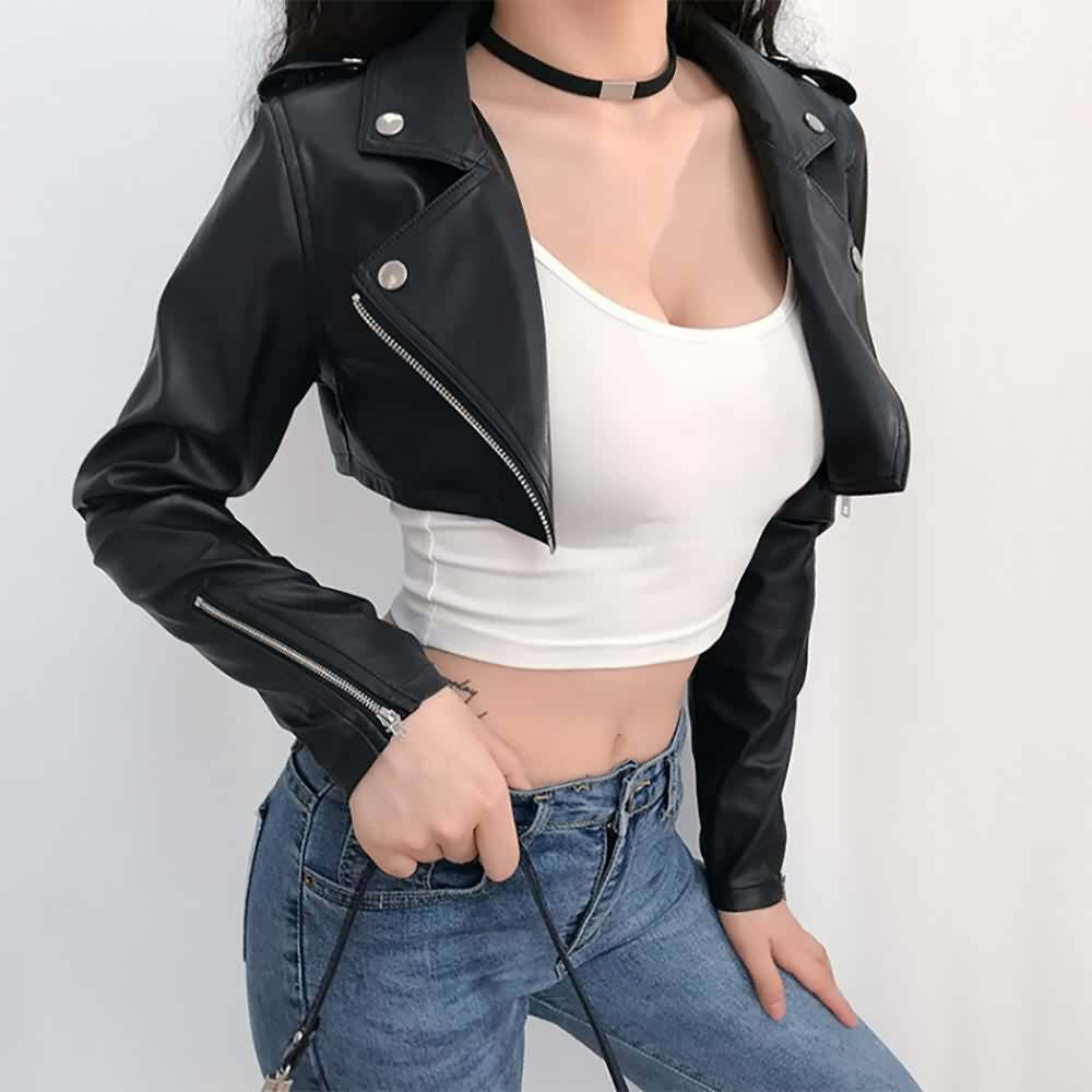 Y2K Grunge Punk Notched Collar Crop Leather Jacket - 90s Retro Summer Outfit for Women