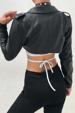 Y2K Grunge Punk Notched Collar Crop Leather Jacket - 90s Retro Summer Outfit for Women