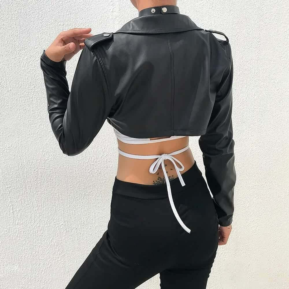 Y2K Grunge Punk Notched Collar Crop Leather Jacket - 90s Retro Summer Outfit for Women