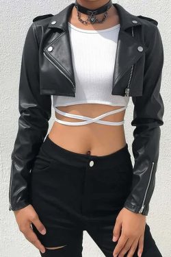 Y2K Grunge Punk Notched Collar Crop Leather Jacket - 90s Retro Summer Outfit for Women