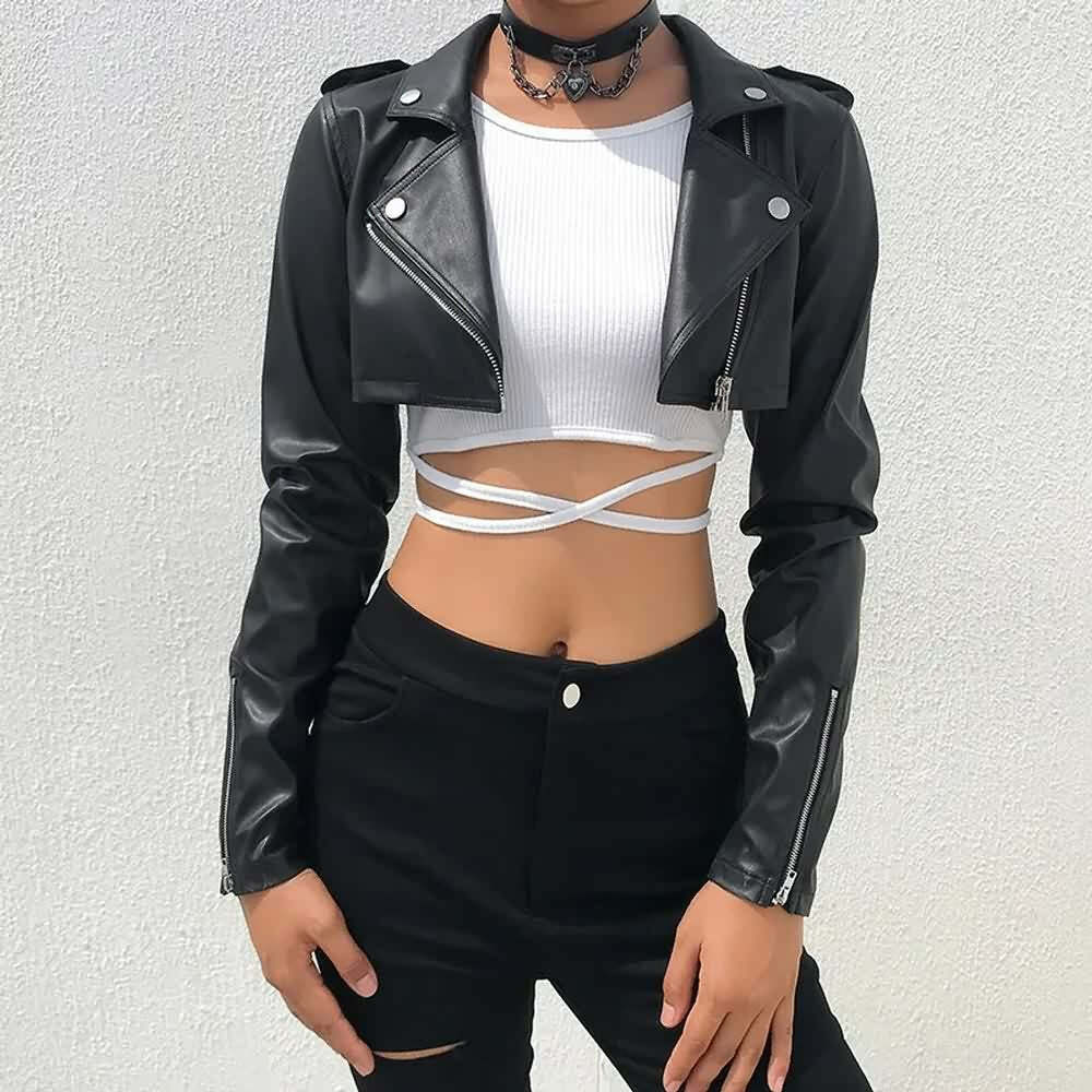 Y2K Grunge Punk Notched Collar Crop Leather Jacket - 90s Retro Summer Outfit for Women