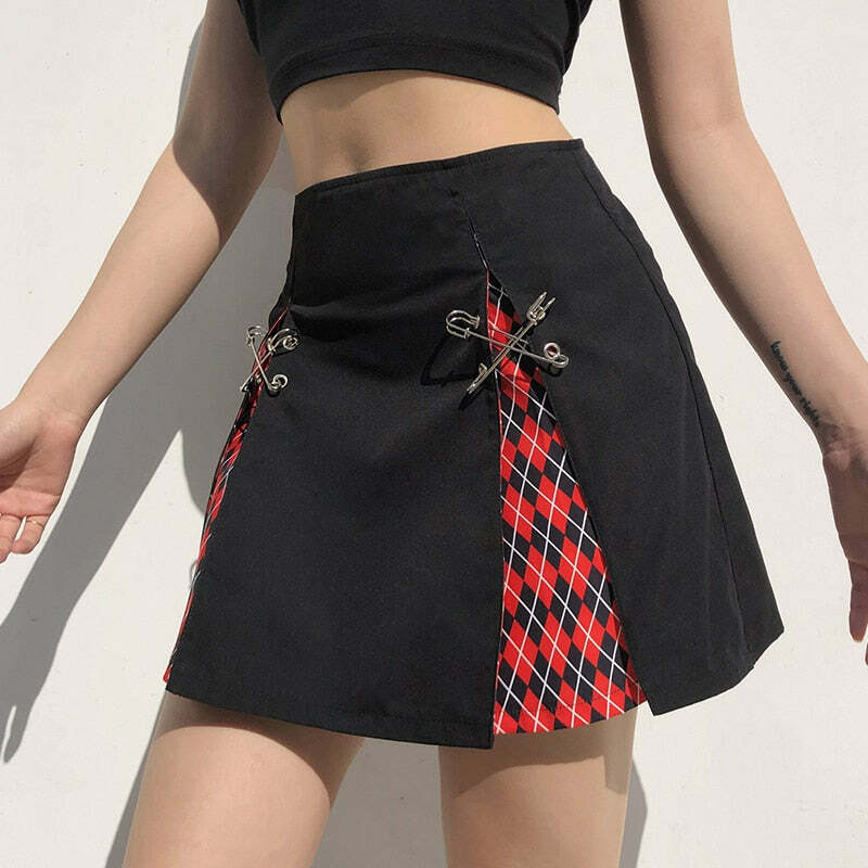 Y2K Grunge Punk Rock Egirl Skirt with Safety Pins - Retro 90s Fashion, Gothic Y2K Style