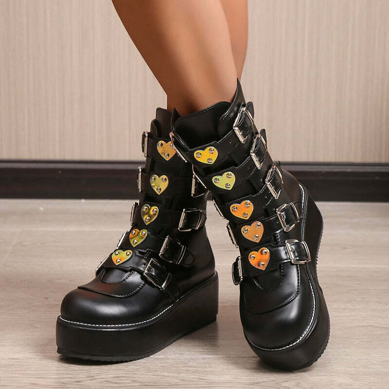 Y2K Grunge Punk Rock Heart Egirl Short Boots - Retro 90s Fashion, Gothic Y2K Style
