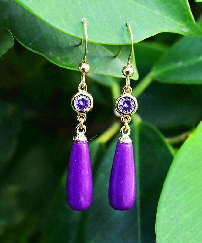 Y2K Grunge Purple 14K Gold Inlaid Mica Crystal Drop Earrings - Retro 90s Fashion Statement