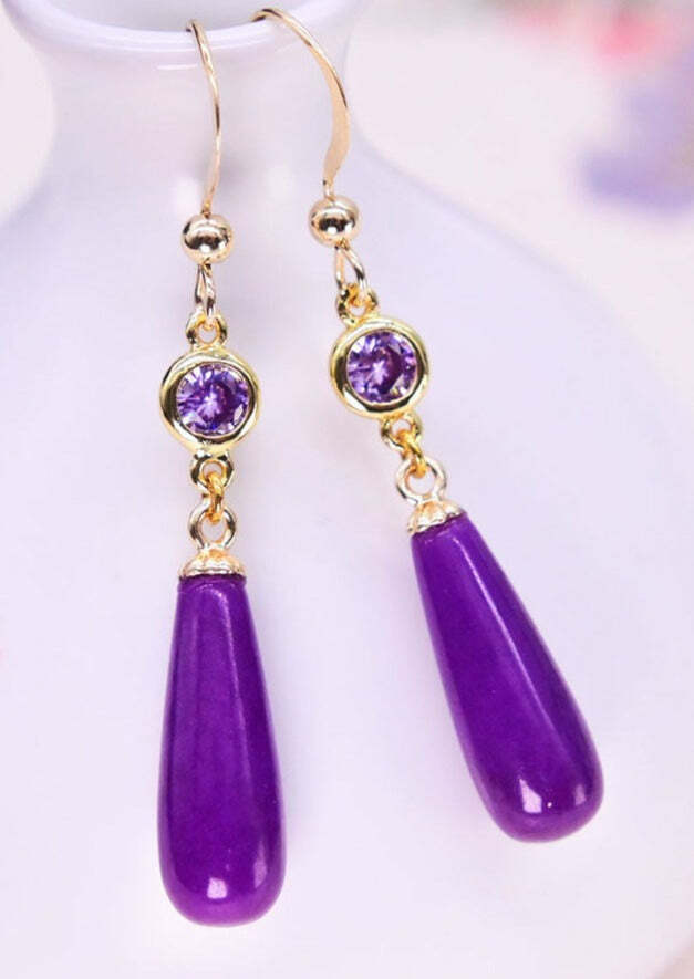 Y2K Grunge Purple 14K Gold Inlaid Mica Crystal Drop Earrings - Retro 90s Fashion Statement